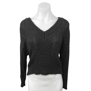 Lulus Women's Black Cable Knit V-neck Long Sleeve Pullover Crop Sweater Top S